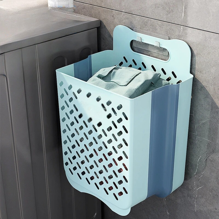 Foldable mesh laundry hamper, wall-mounted for easy access & breathable storage of dirty clothes. Great for small spaces.
