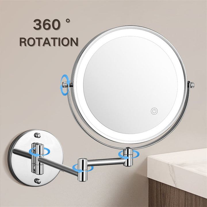 Space-saving wall mounted LED shaving mirror with magnification & touch dimming for small bathrooms.