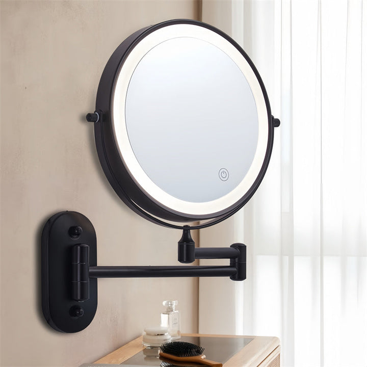 Durable metal frame wall mounted LED mirror, magnifying & rechargeable. For long-lasting grooming.