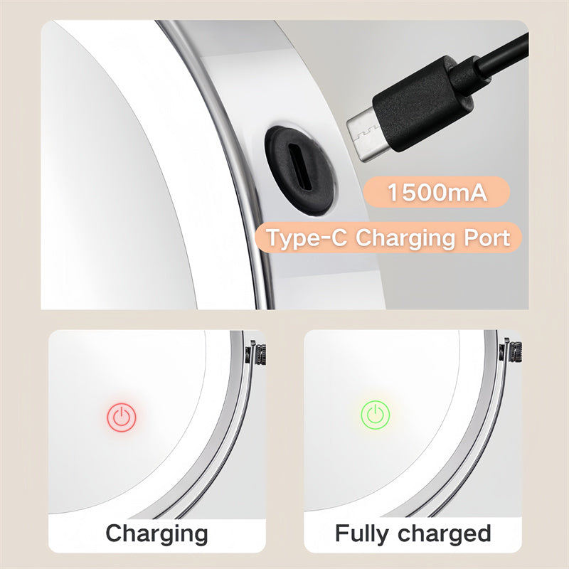 Wall mounted LED shaving mirror: magnifying, rechargeable, touch dimming, metal frame for grooming.