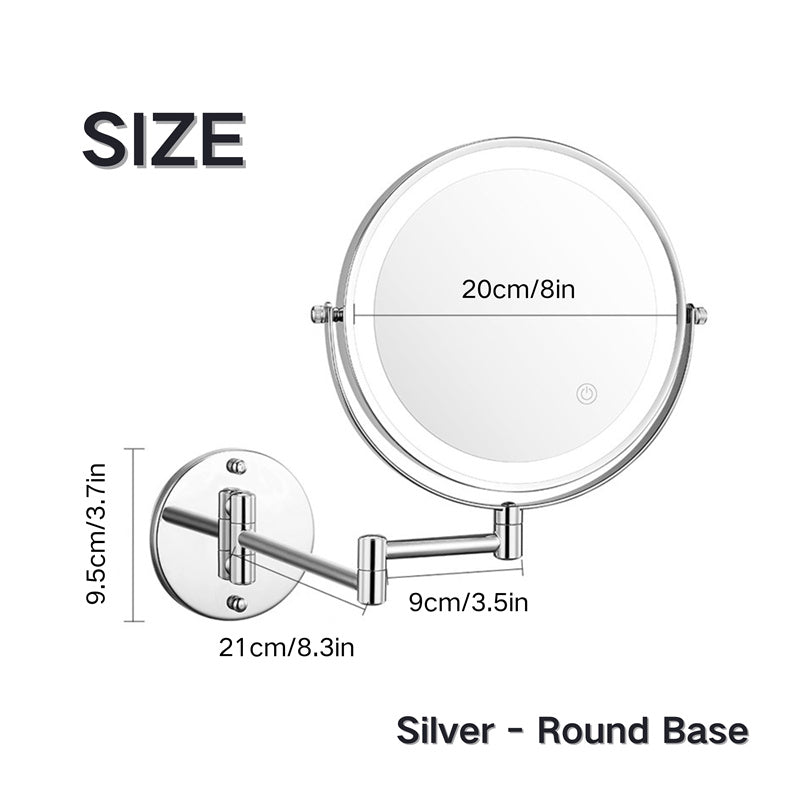 Sleek metal frame wall mounted LED vanity mirror. Provides bright, dimmable light for grooming.
