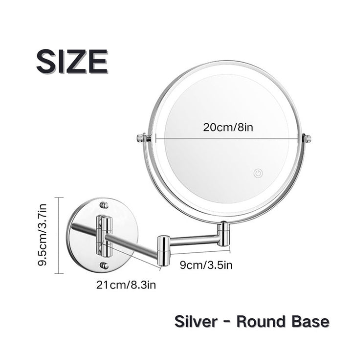 Sleek metal frame wall mounted LED vanity mirror. Provides bright, dimmable light for grooming.