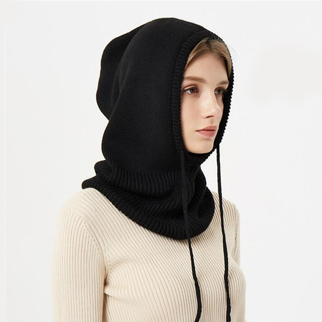 Warm hooded knit beanie hat for adults with thermal insulation for cold weather.