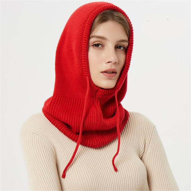 Adults' winter knit beanie with integrated hood for extra warmth and wind resistance.