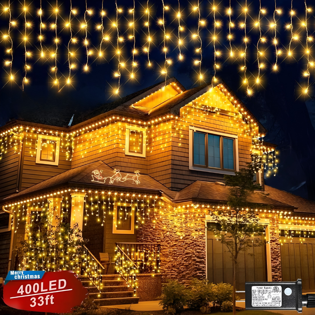 Warm white curtain string lights, 10M/400 LEDs for outdoor garden and patio decor.
