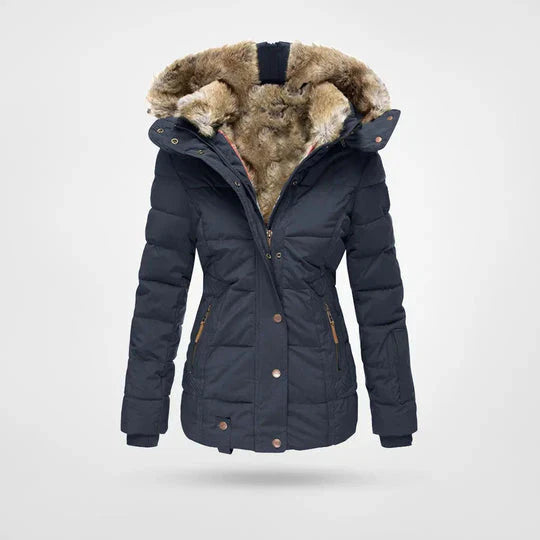 Side view of a women's all-weather winter jacket, highlighting its comfortable fit and insulated design.