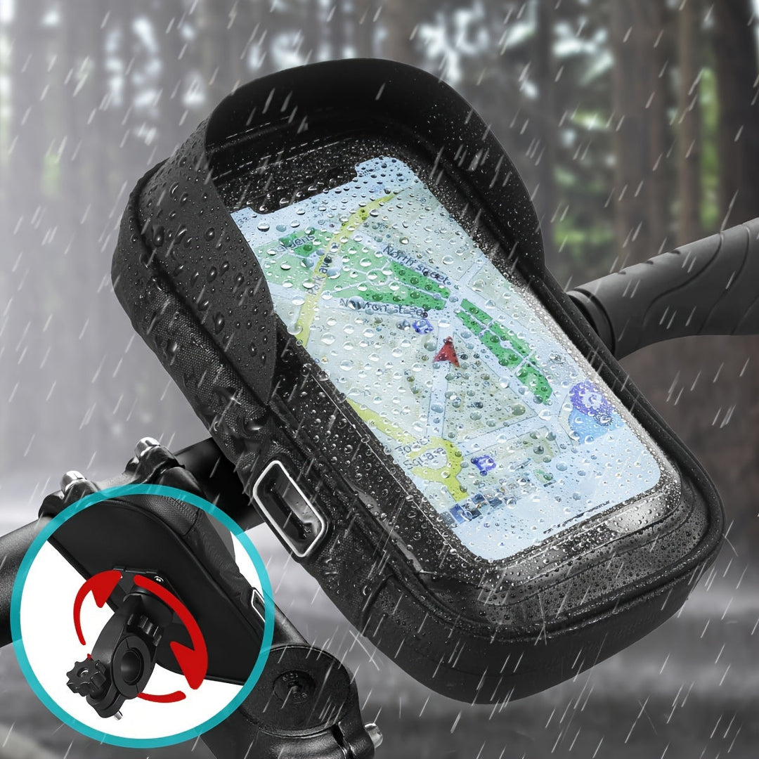 Waterproof bicycle phone holder with 360° rotation for bike & motorcycle handlebars.