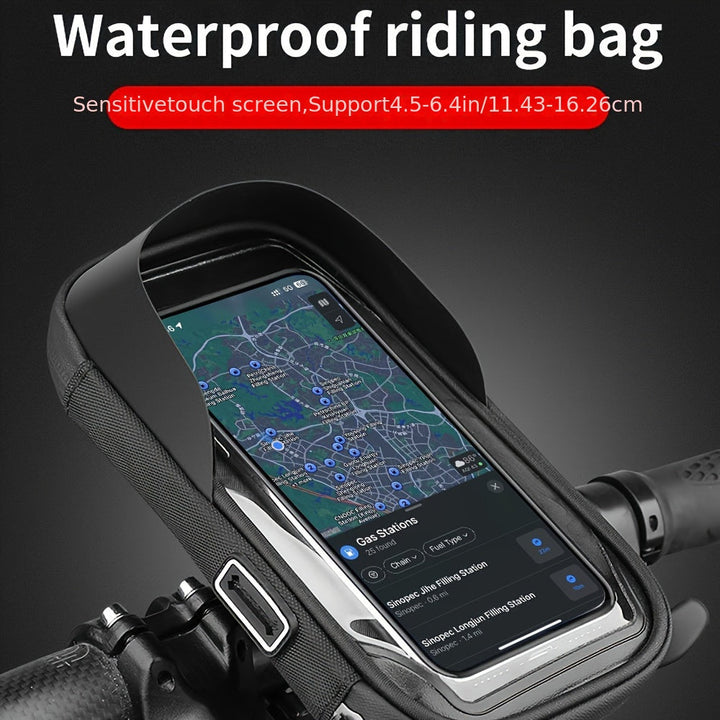 Secure waterproof phone holder for bike navigation, mounts easily on motorcycle/bicycle handlebars.