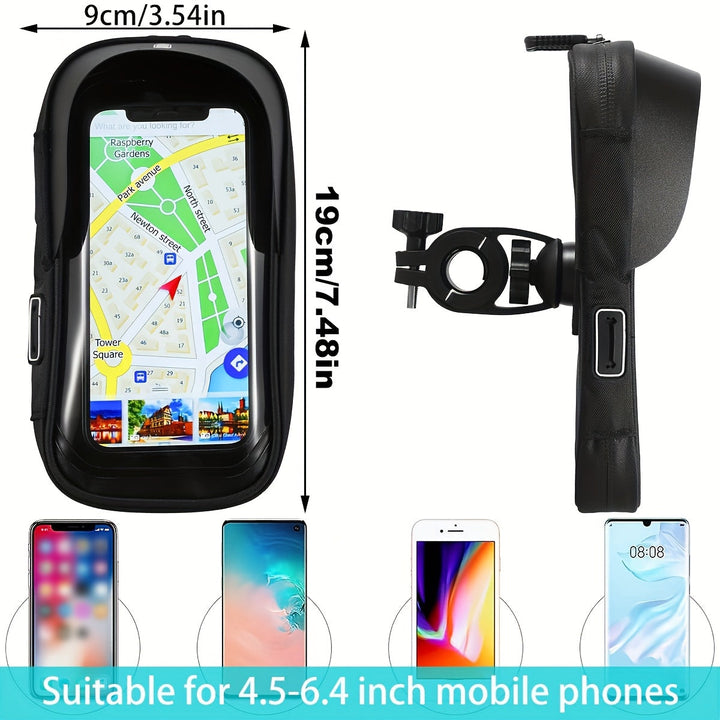 Universal waterproof motorcycle & bicycle phone holder with 360-degree handlebar mount.