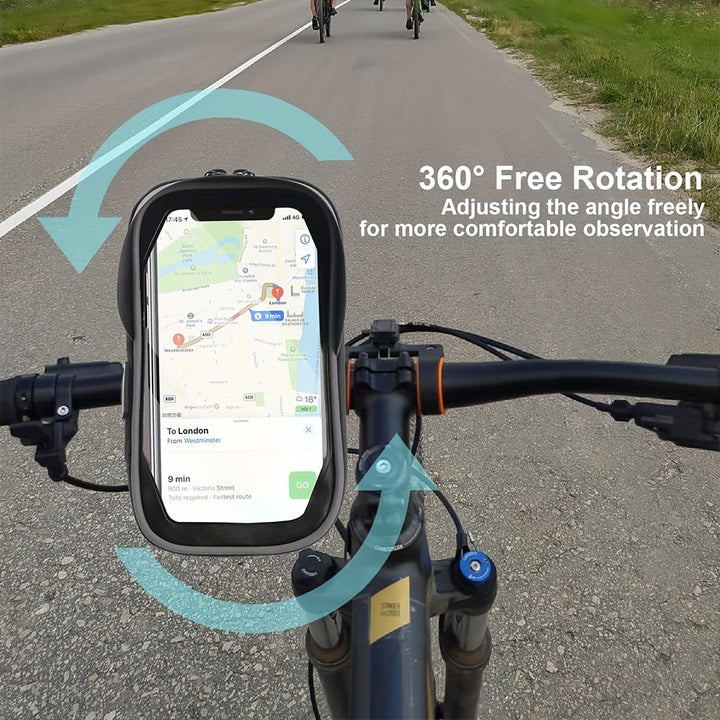 Easy-install waterproof bike phone mount for handlebars, features 360° rotation for optimal view.