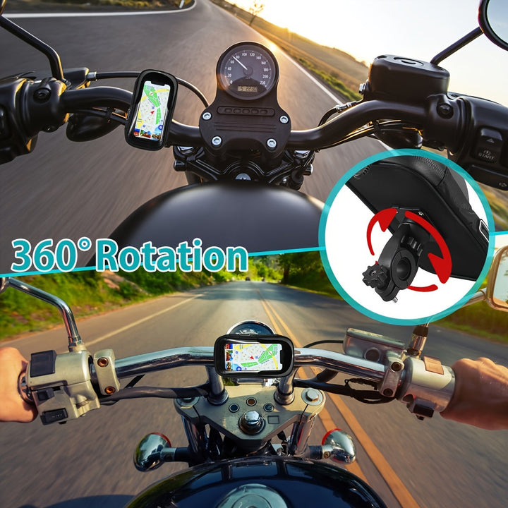 Waterproof handlebar bag phone holder for bikes & motorcycles, 360° rotation for safe rides.