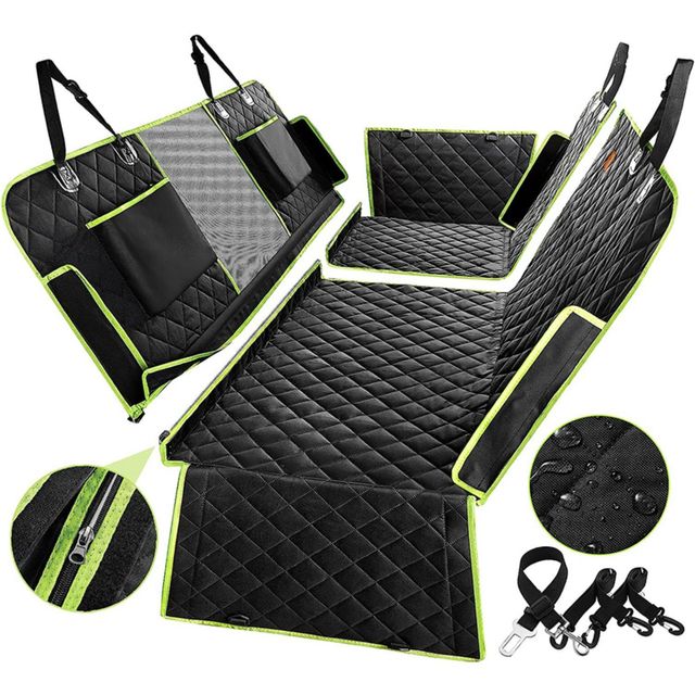 Heavy-duty, waterproof dog car seat cover hammock. Ideal backseat protector for pet travel & car cleanliness.
