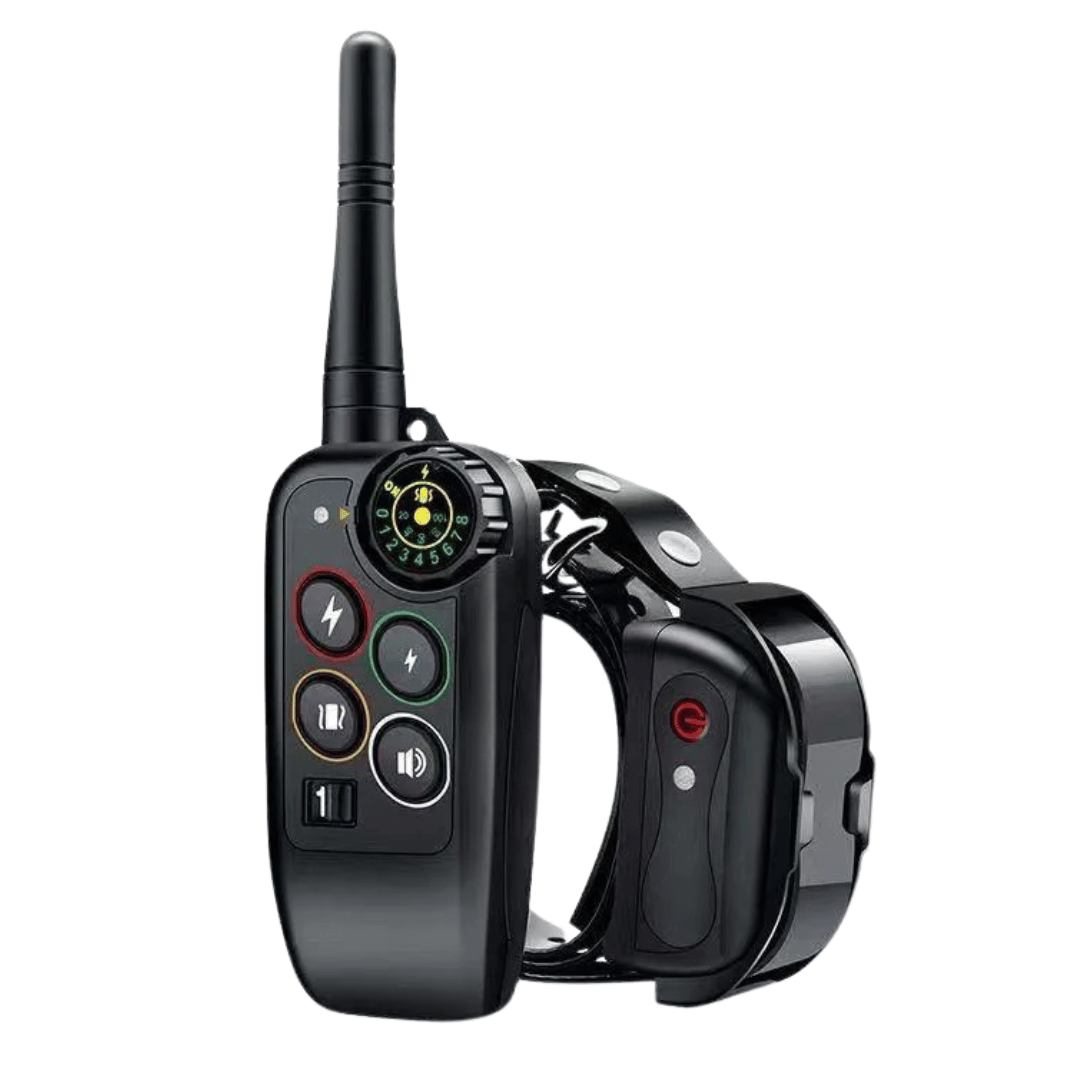 Long-range waterproof e-collar & remote for pet obedience training. Rechargeable dog gear.