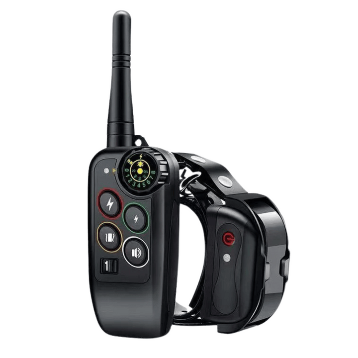 Long-range waterproof e-collar & remote for pet obedience training. Rechargeable dog gear.