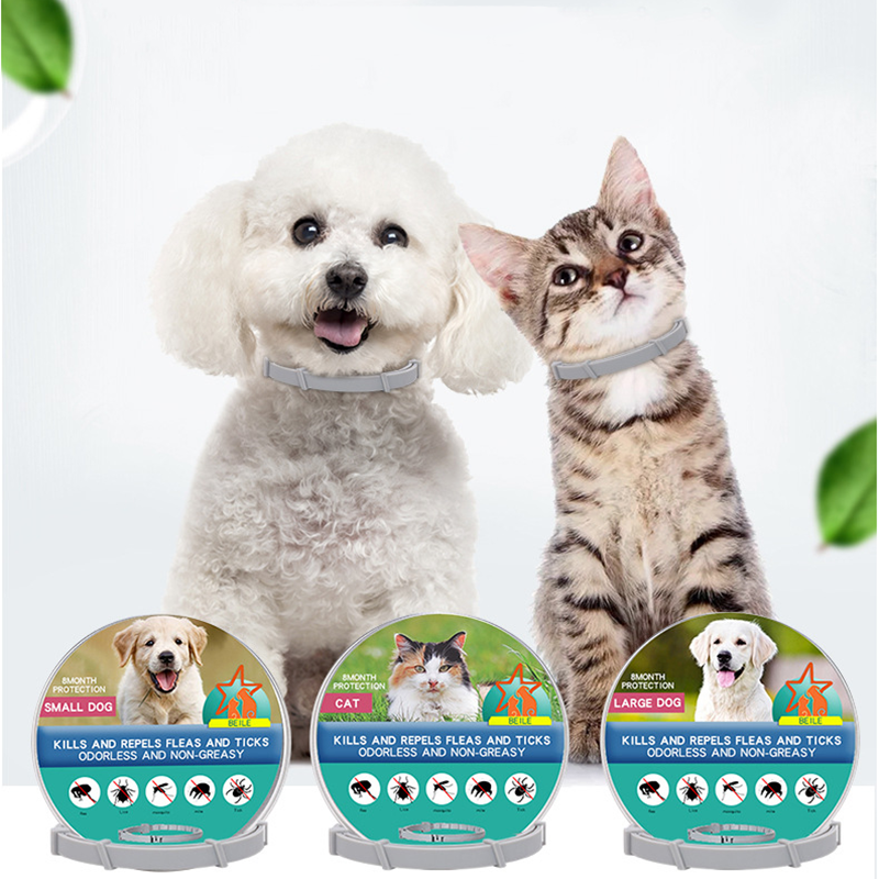 Waterproof flea and tick prevention collar for cats and dogs, offering natural pest control and itch relief.