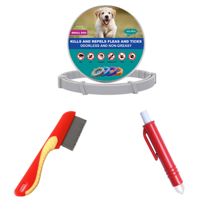 Natural pest control collar for pets, shielding cats and dogs from fleas and ticks with waterproof design.