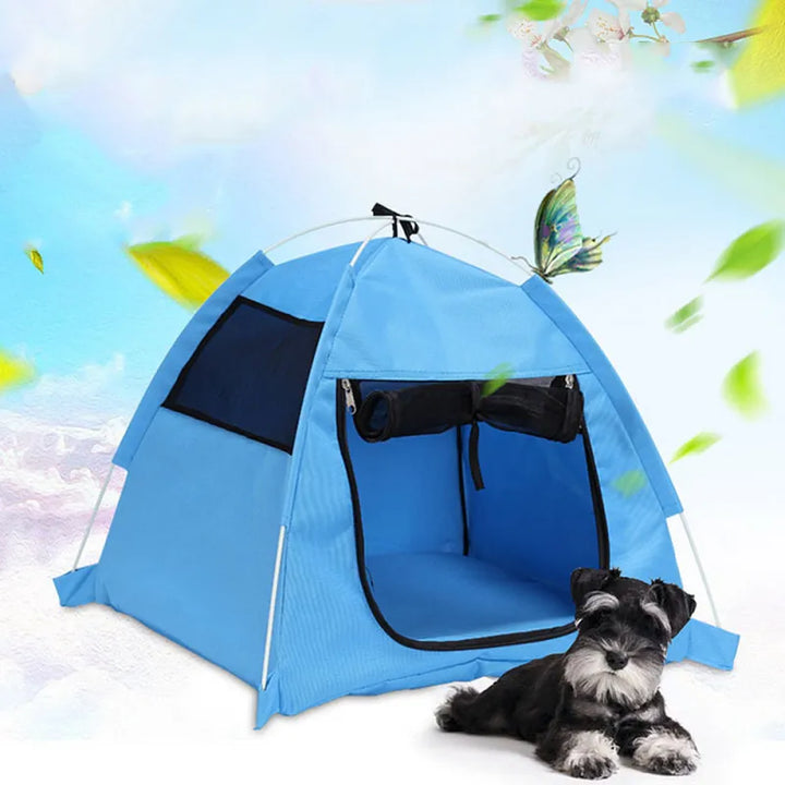 Waterproof foldable pet tent for cats & dogs. Portable outdoor shelter with breathable mesh.