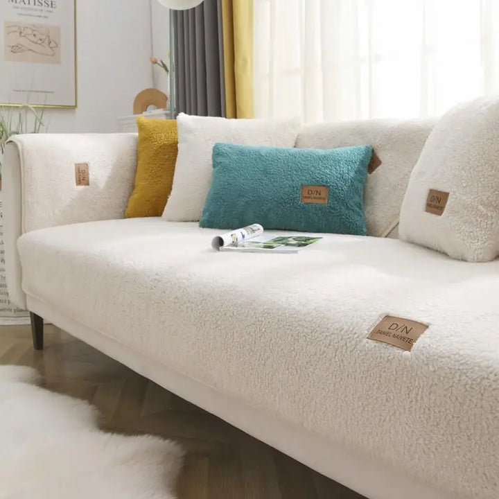 Soft sherpa fleece sofa cover draped over a couch, designed for pet-friendly homes & ultimate comfort, protecting furniture.