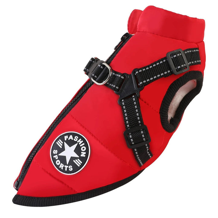 Warm winter dog coat, waterproof & windproof, featuring a built-in harness for ultimate pet protection.