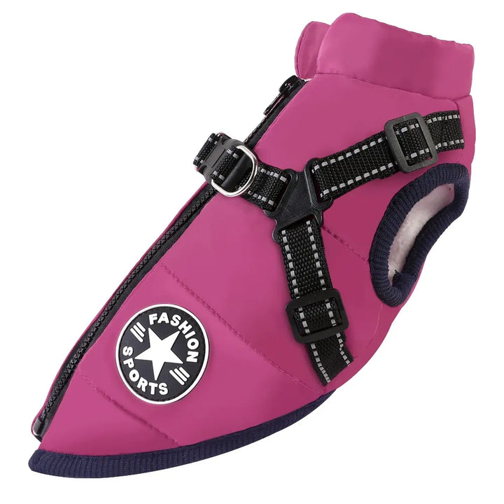 Secure pet clothing: Waterproof winter dog jacket with strong integrated harness for safe cold weather walks.