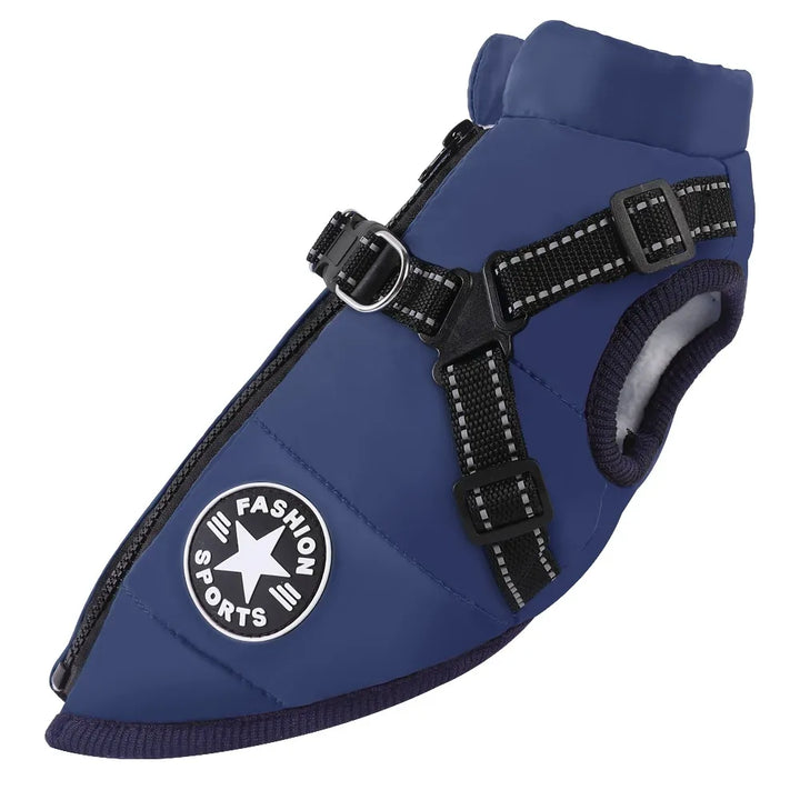 High-visibility waterproof dog jacket & warm winter coat with integrated reflective harness for safety.