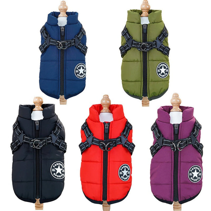 All-weather waterproof winter dog jacket, warm pet clothing with reflective integrated harness for all dog sizes.