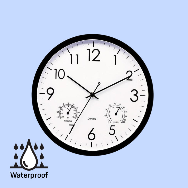 Weatherproof outdoor garden clock with temperature gauge. Vintage style patio wall decor accessory.