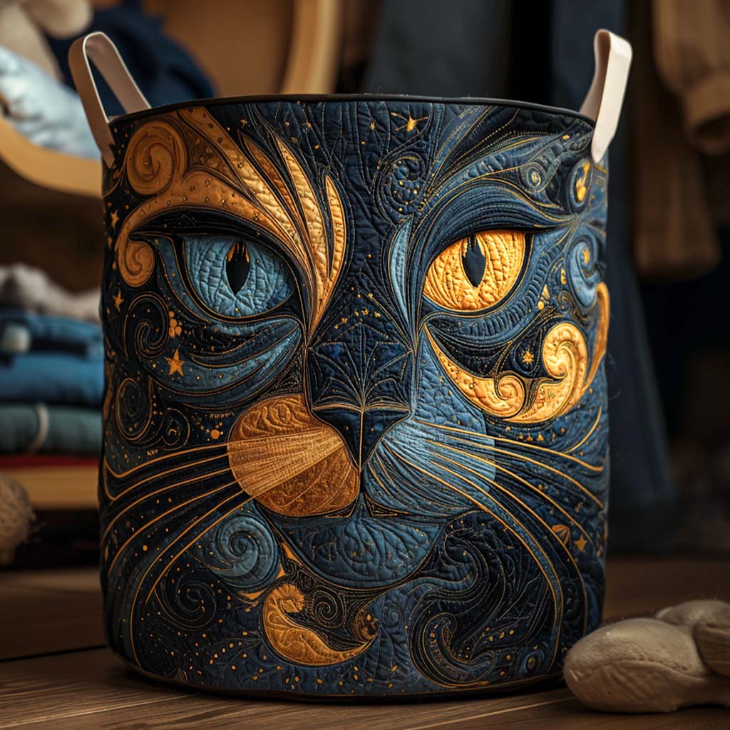 Whimsical galaxy cat quilted laundry hamper. Decorative fabric basket for home organization & pet themed storage.