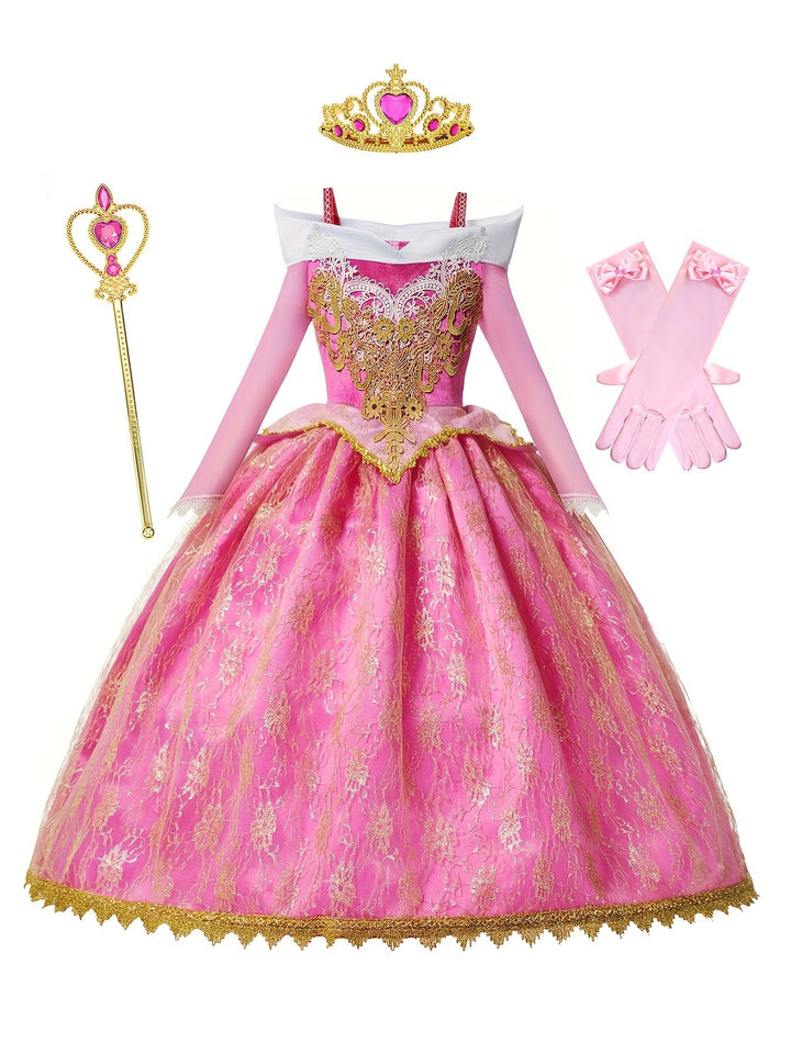Magical fairy tale princess dress-up costume for kids, featuring vibrant dark pink polyester.
