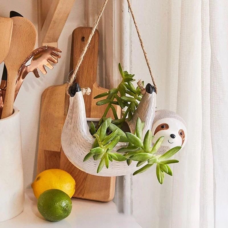 Unique whimsical sloth ceramic hanging planter for indoor plants. Charming animal themed home decor pot.