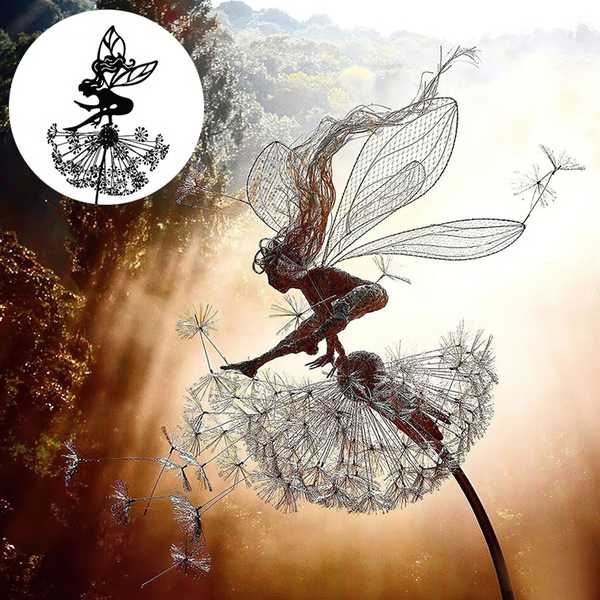 Whimsical steel fairy garden sculpture, weather-resistant metal art for charming outdoor garden decor.