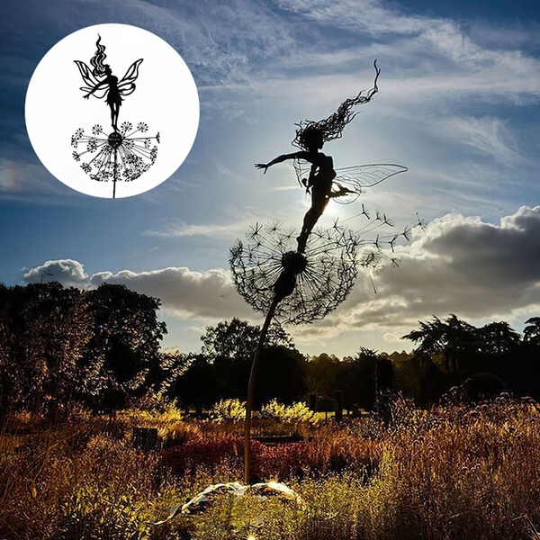 Exquisite weather-resistant steel fairy sculpture enhancing a garden, perfect whimsical outdoor home accent.