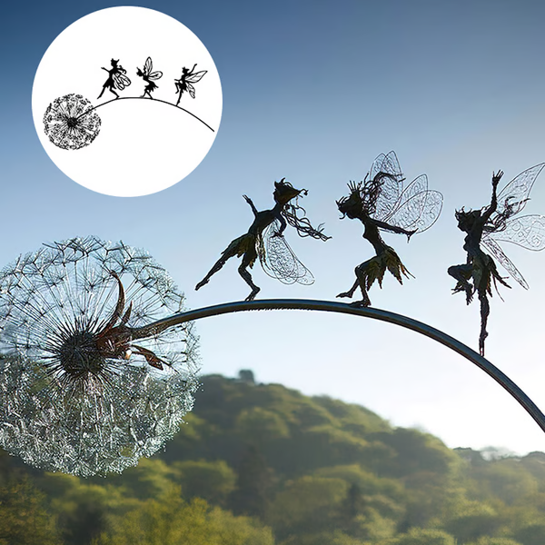 Detailed steel fairy garden sculpture, durable metal art for year-round whimsical outdoor and garden decor.