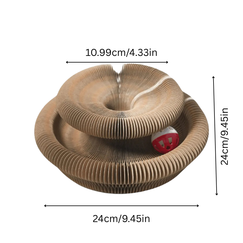 Entertaining WhirlNest cat furniture: a cardboard maze, scratcher, and cozy cat bed.