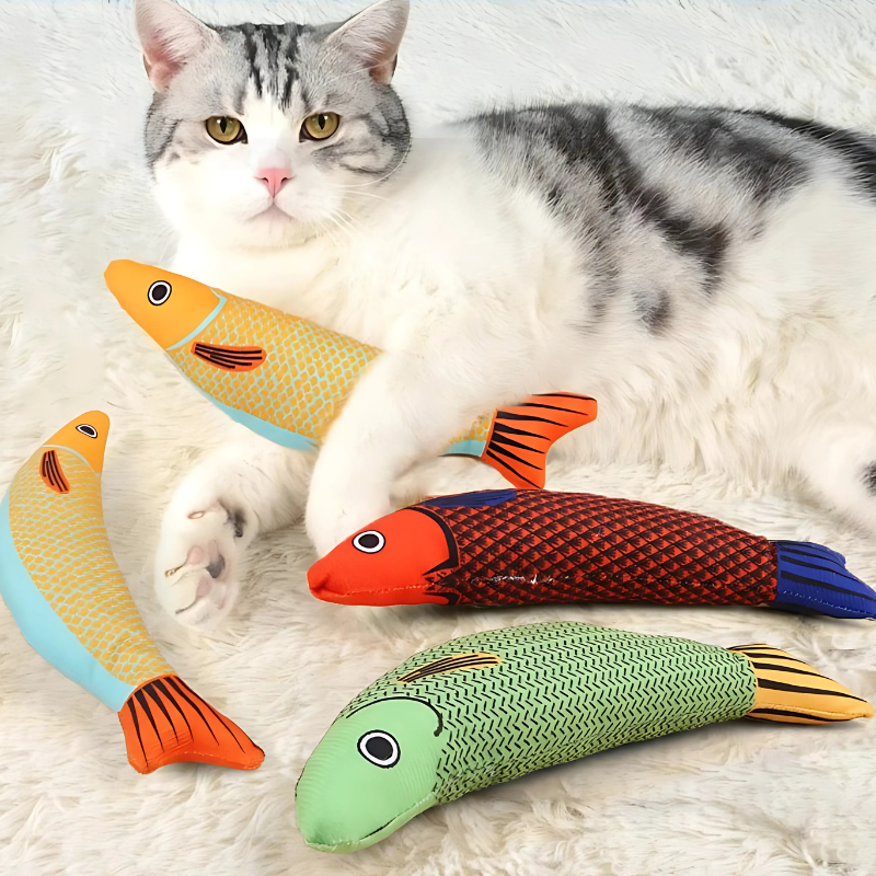 WhiskerCatch interactive catnip fish toy for cats, plush and squeaky, promoting play and dental health.