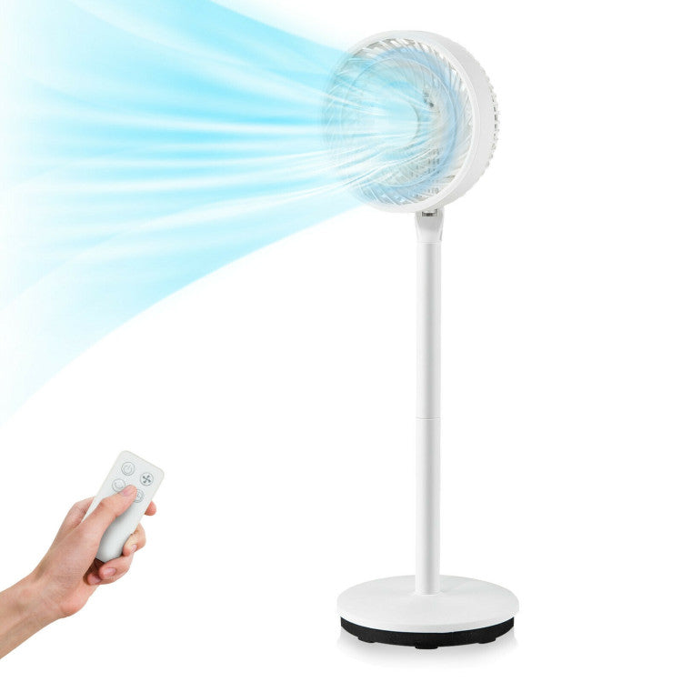 Whisper-quiet white pedestal fan with remote control, oscillating feature, and adjustable height for home/office cooling.