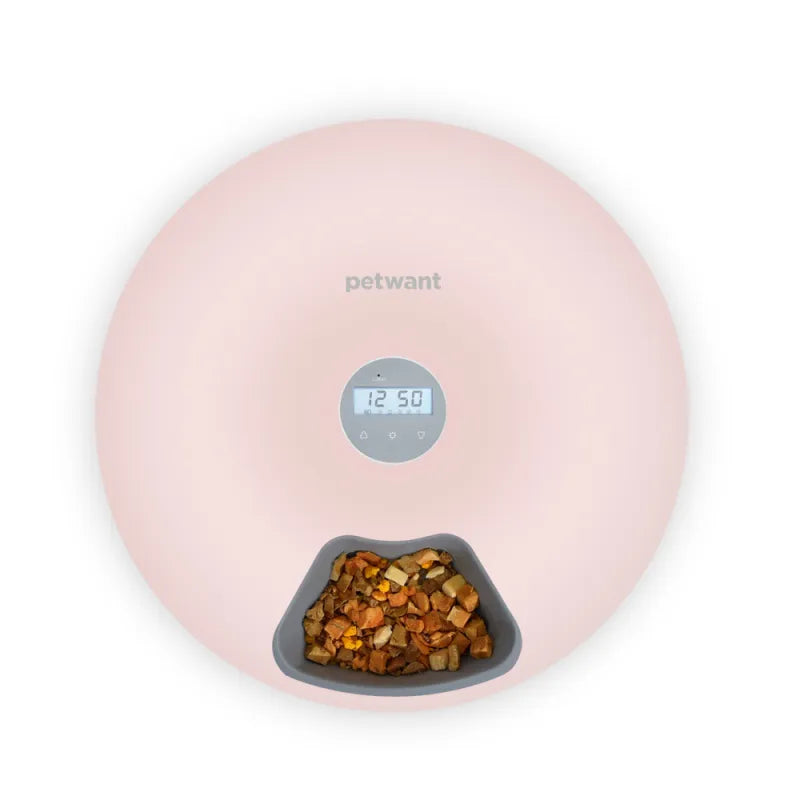 White automatic pet feeder, solves mealtime worries with timed, precise portions for dogs & cats. Digital.