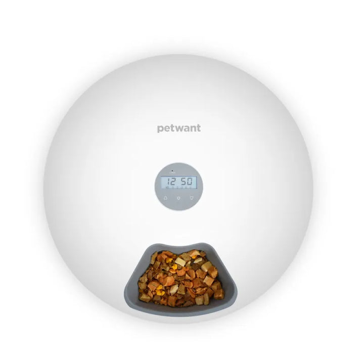White digital automatic pet food dispenser, ideal for precise, timed feeding of dog & cat meals.