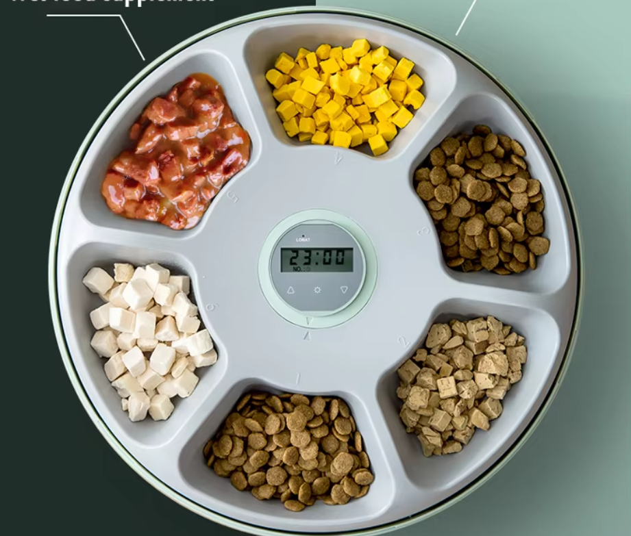 White smart pet food dispenser with digital controls for precise, automatic dog & cat feeding.