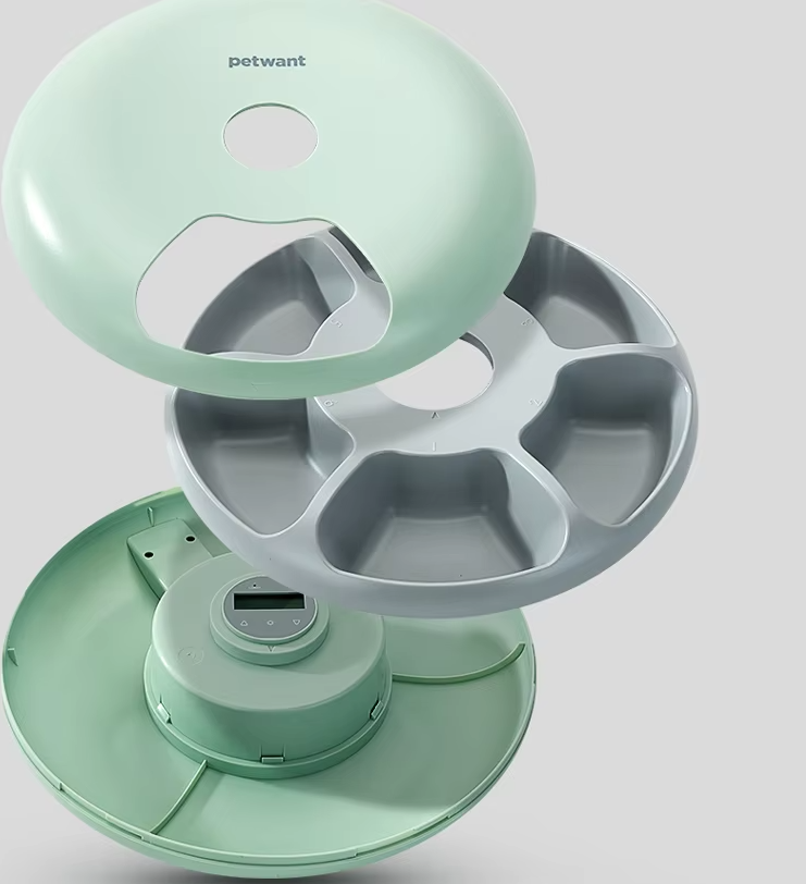 White automatic pet food bowl dispenser for timed feeding of dog & cat meals. Easy, smart pet care.
