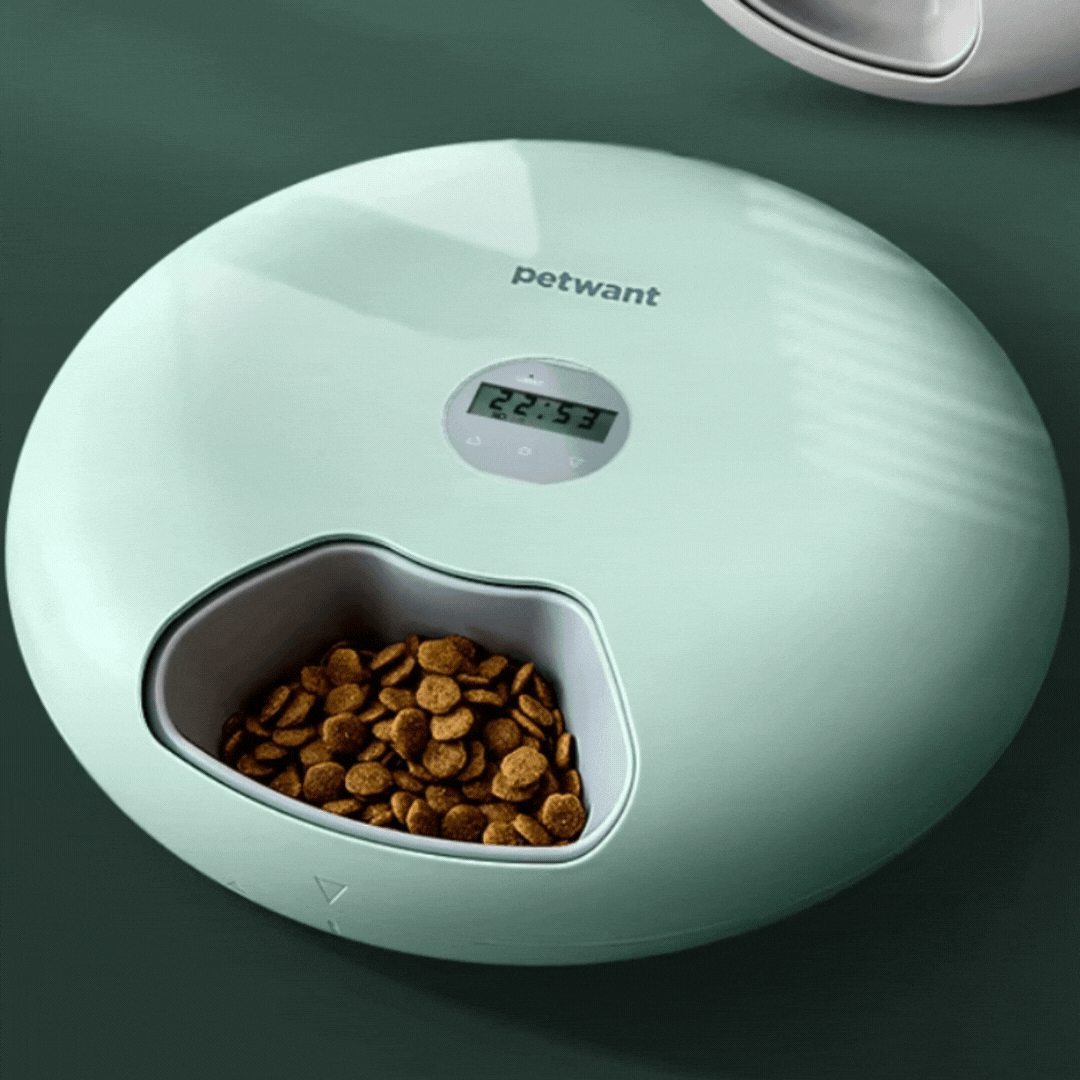 Sleek white automatic pet food dispenser, a modern digital feeder for precise dog & cat meal times.