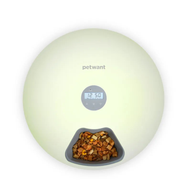 White automatic pet food dispenser providing timed and precise portions for dogs & cats. Smart pet feeding.