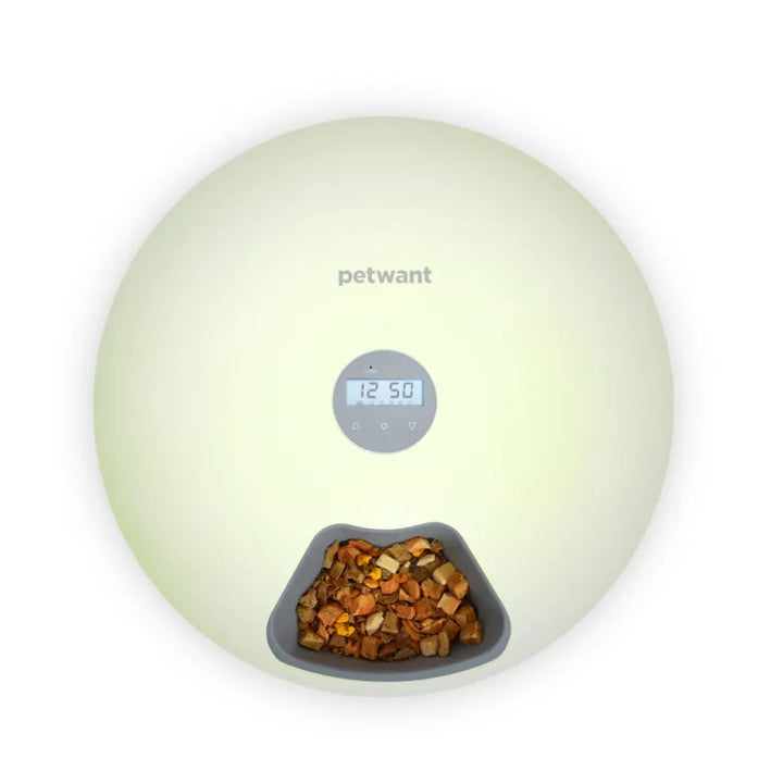 White automatic pet food dispenser providing timed and precise portions for dogs & cats. Smart pet feeding.