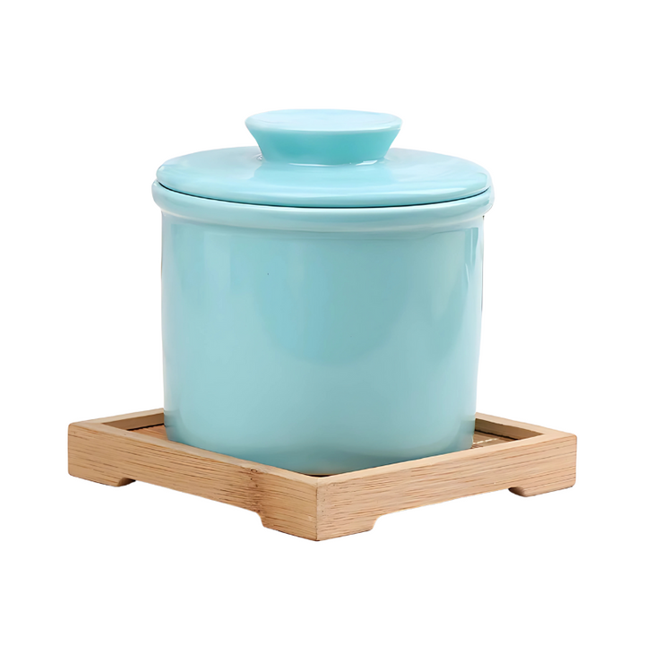Beautiful ceramic butter crock with a water seal, ensuring perfectly fresh, spreadable butter for your table.