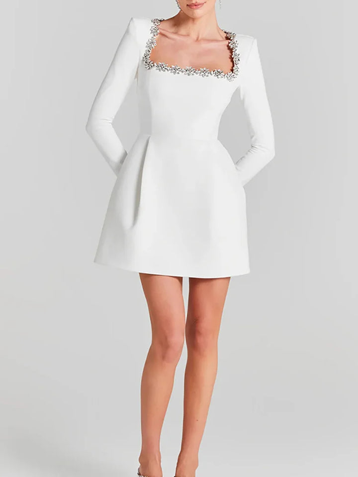 Elegant red mini dress, square neckline, long sleeves, women's party wear for special events.