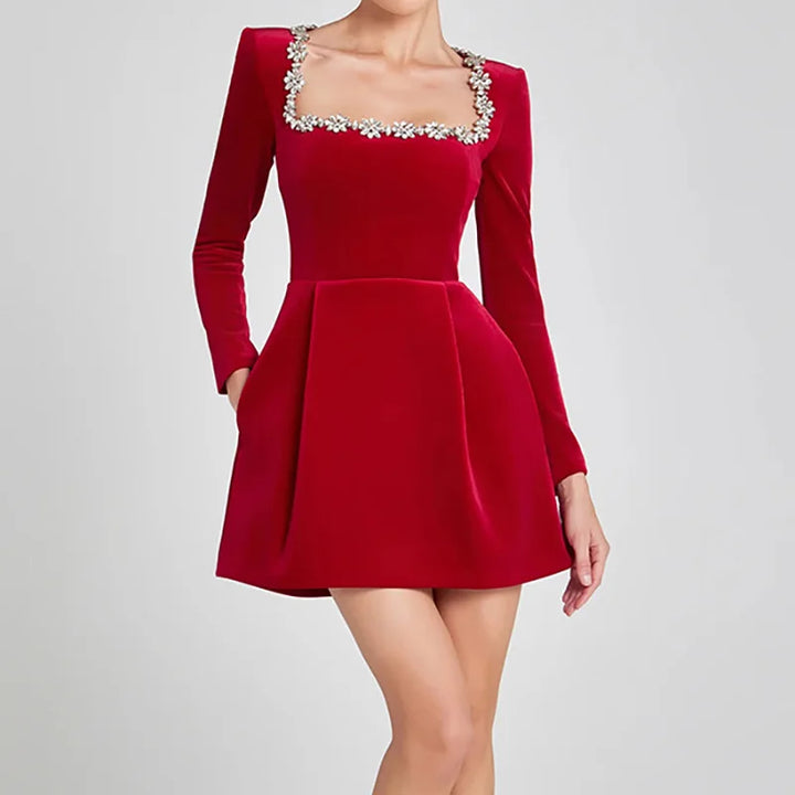 Elegant black mini dress for women, square neckline, long sleeves, versatile party attire.