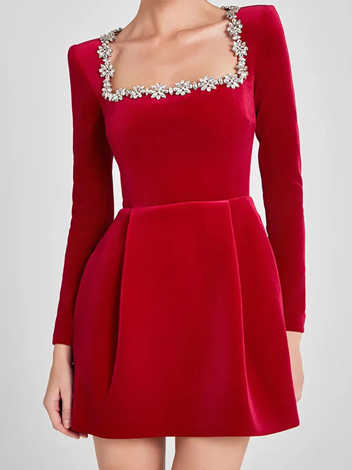 Sophisticated white mini wedding dress, square neck, long sleeve, a modern bridal fashion.