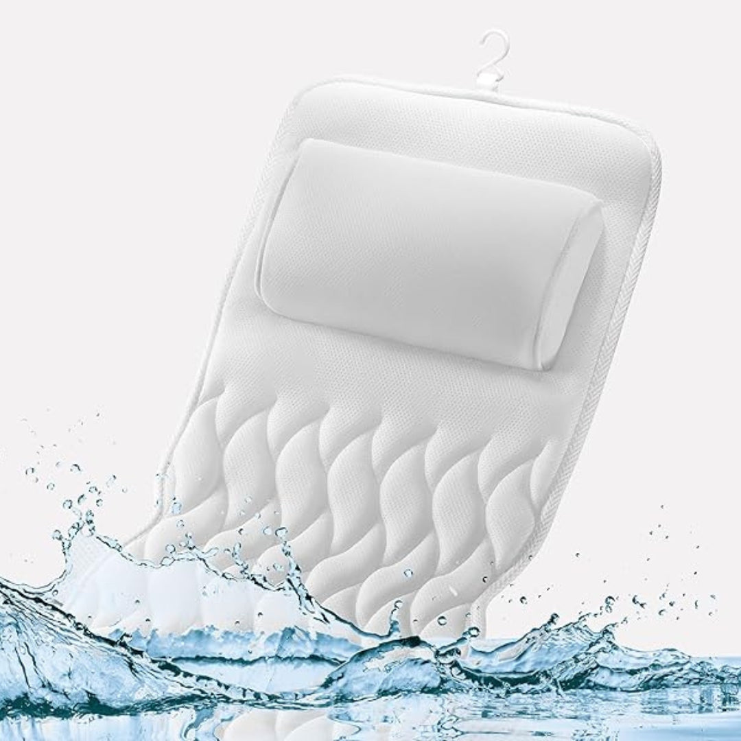 Durable, machine washable full body bath pillow with breathable mesh fabric, offering complete relaxation & support.