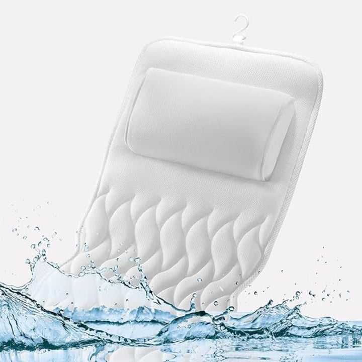 Durable, machine washable full body bath pillow with breathable mesh fabric, offering complete relaxation & support.