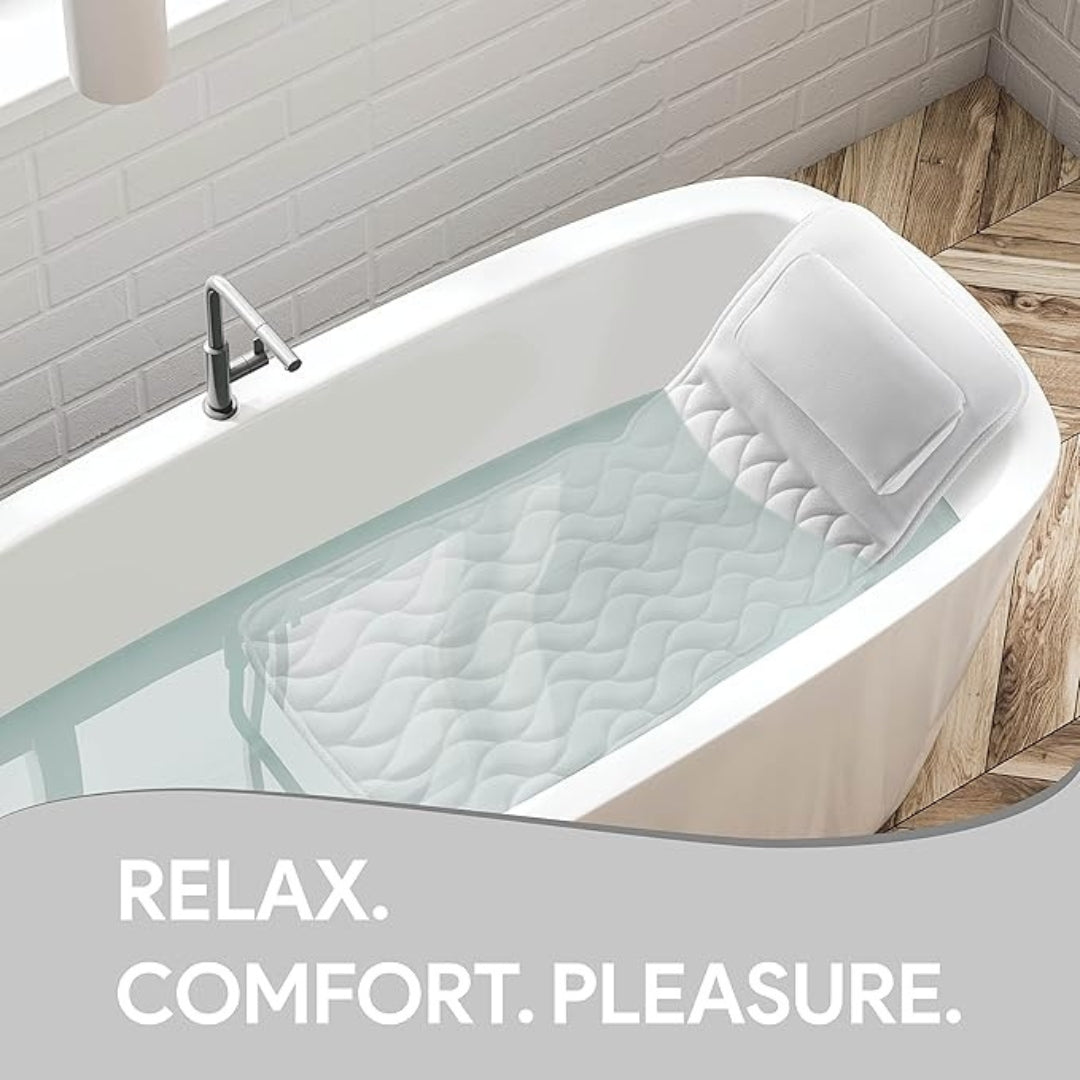 Ergonomic full body bath pillow for unisex spa comfort. Enhances wellbeing & relaxation during long soaks in the tub.